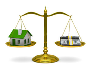 A scale balancing house and money, emphasizing saving on home insurance.